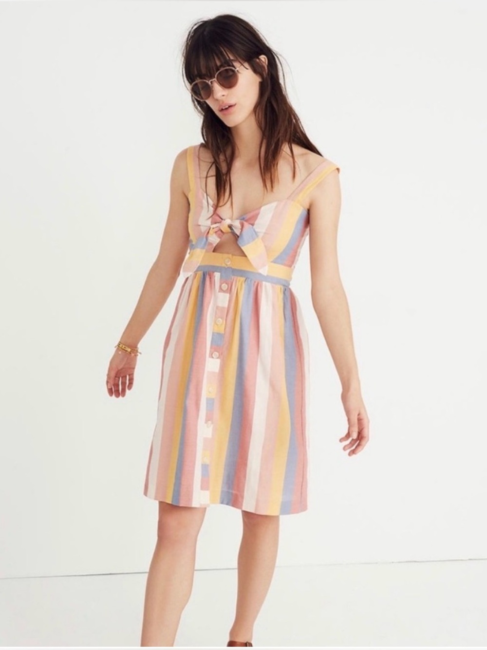 Madewell Tie Front Cut Out Dress Pink Sherbert Stripe Sundress Button Front 00